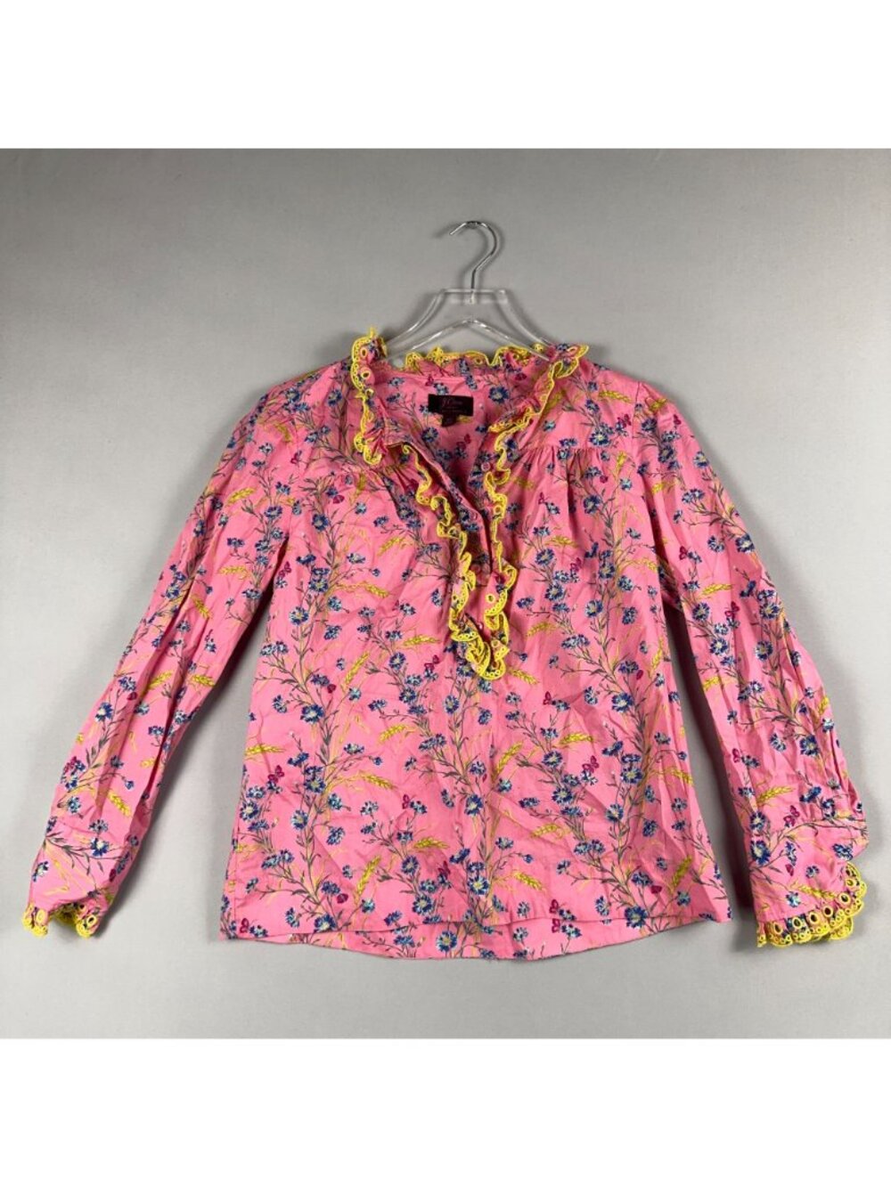 J.Crew Poplin Ruffle Blouse Size XS 100% Cotton Pink Wheat Bouquet Floral Print - Picture 5 of 13